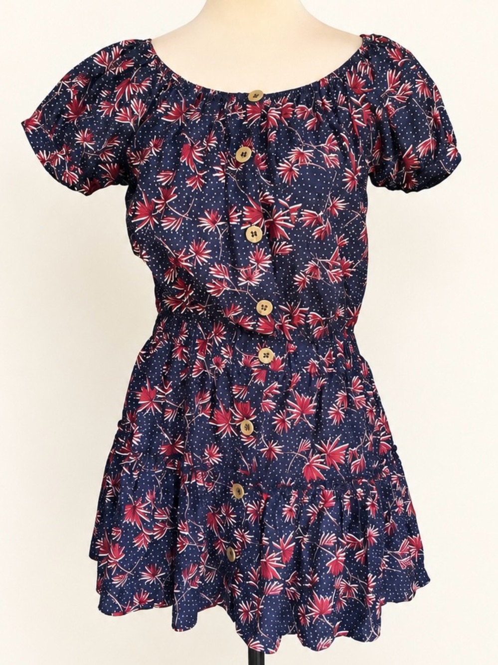 eberjey Navy Floral Puff Sleeve Button Front Mini Dress S